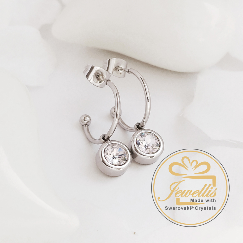 Ocelové náušnice polokruhy s krystaly Swarovski - Topaz