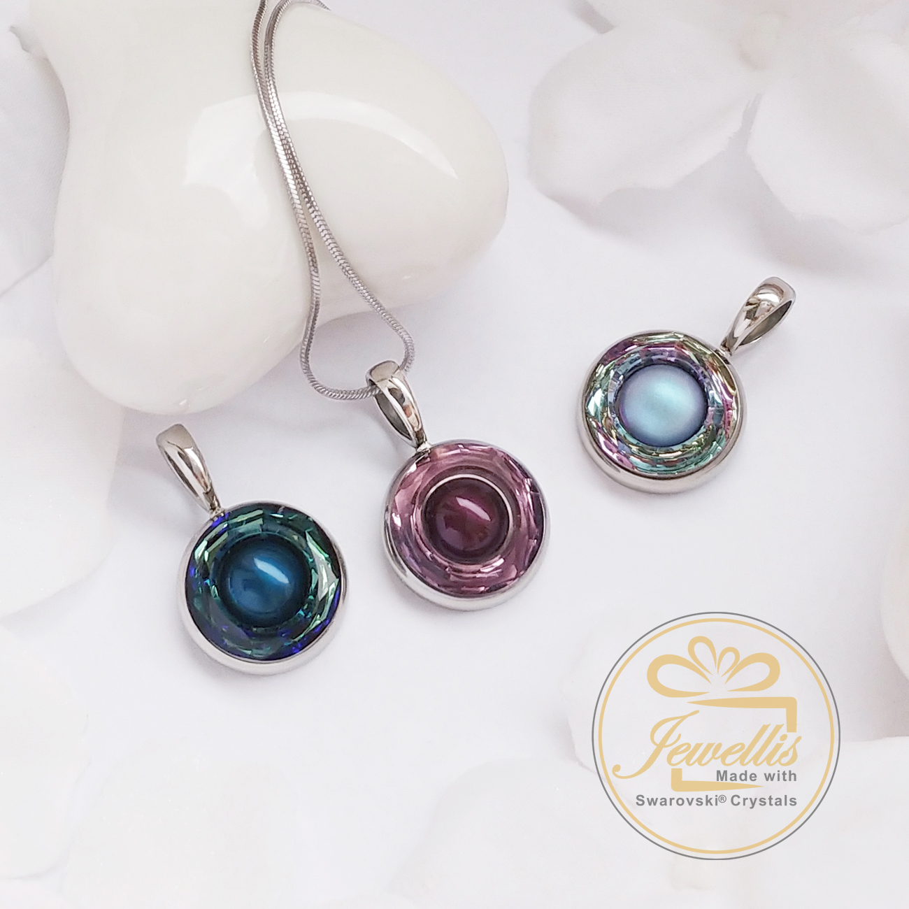 Ocelový náhrdelník Duo Crystal Cosmic Ring s perlou a krystalem Swarovski - Bermuda Blue