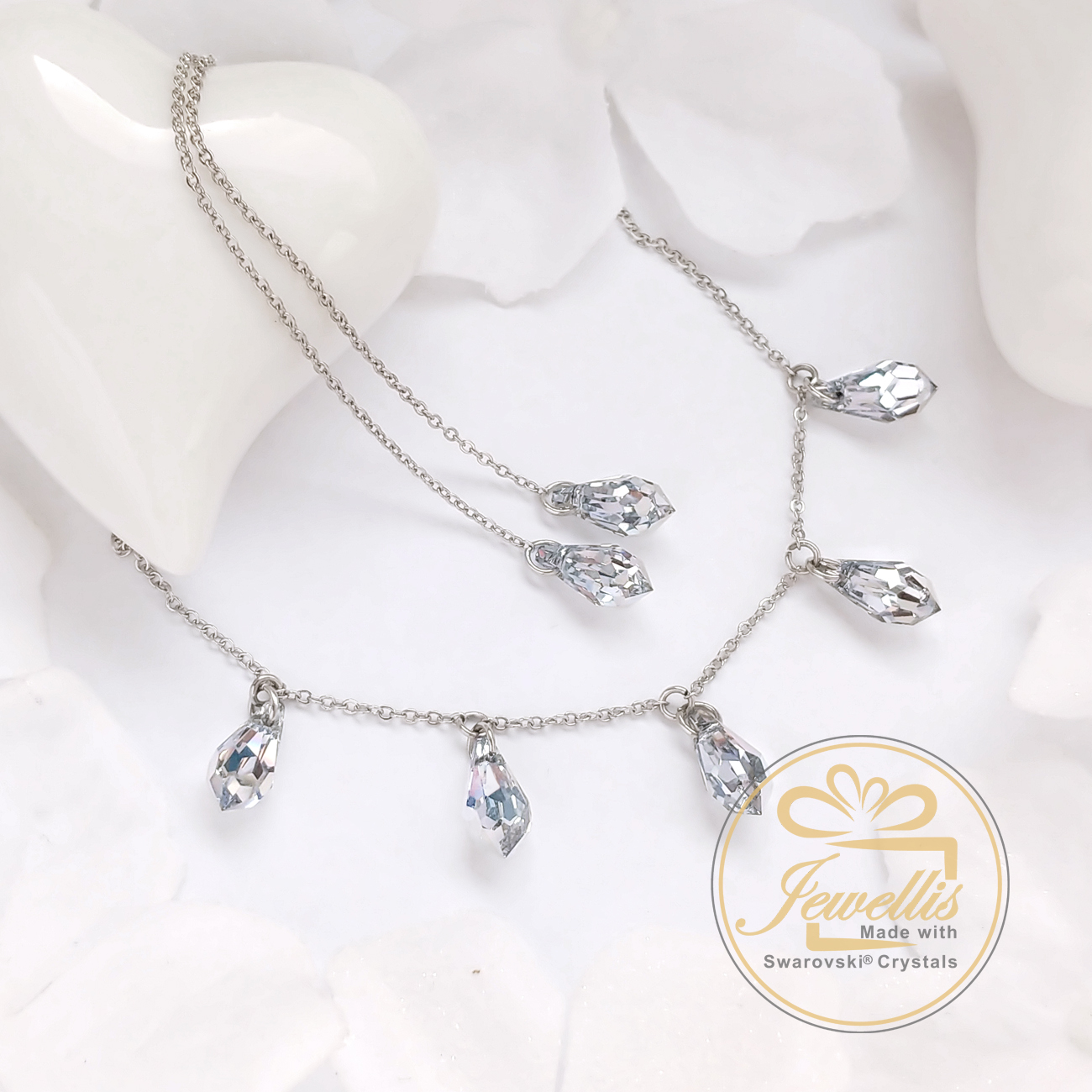 Ocelový náhrdelník Teardrop s přívěsky ve tvaru kapky s krystaly Swarovski - Sapphire