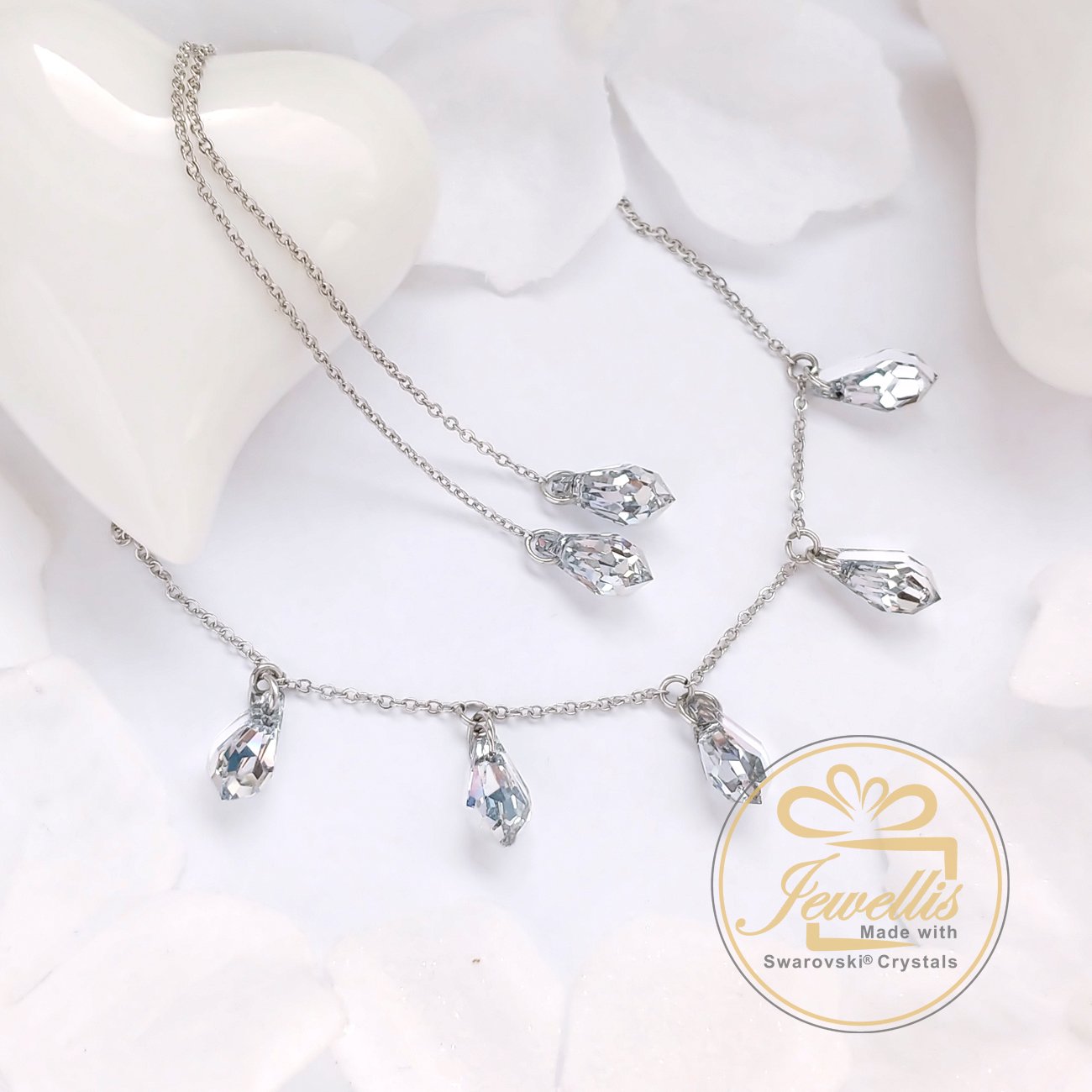 Ocelové náušnice řetízkové Teardrop ve tvaru kapky s krystaly Swarovski - Sapphire