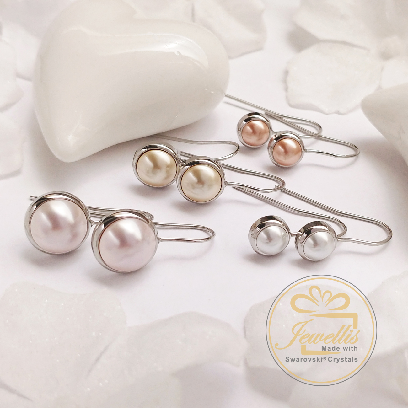 Ocelový set Buttons - visací náušnice háčky a náhrdelník s perlami Swarovski 8mm - Crystal White