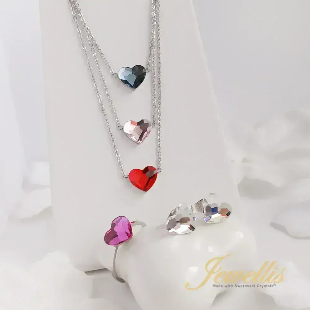 Ocelová 3-dílná sada - náhrdelník, náramek a náušnice Flatback Heart s krystaly ve tvaru srdce Swarovski - Light Siam