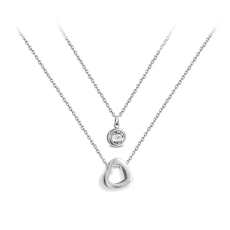 Ocelový vrstvený náhrdelník Double Chain Heart ve tvaru srdce s krystalem Swarovski - Crystal F