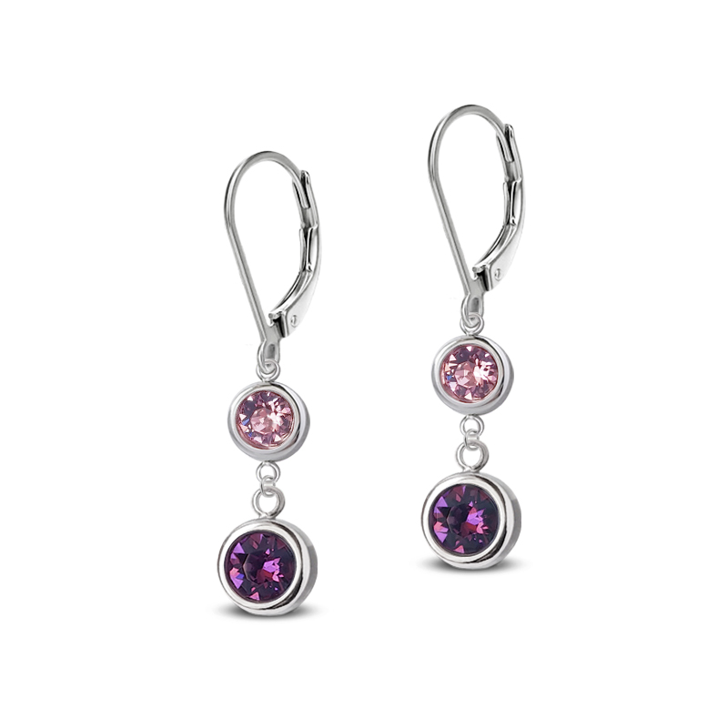 Ocelové visací náušnice Duo Chaton s krystaly Swarovski - Light Amethyst/Amethyst