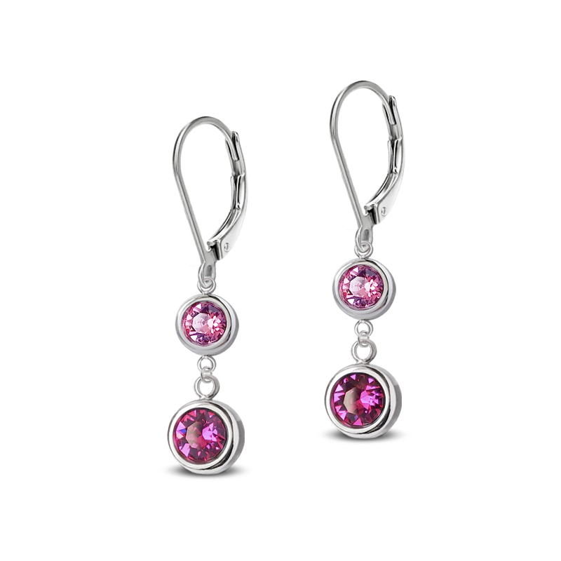 Ocelové visací náušnice Duo Chaton s krystaly Swarovski - Rose/Fuchsia