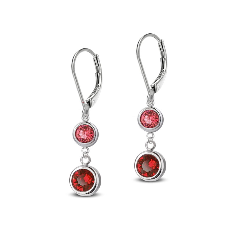 Ocelové visací náušnice Duo Chaton s krystaly Swarovski - Indian Pink/Scarlet