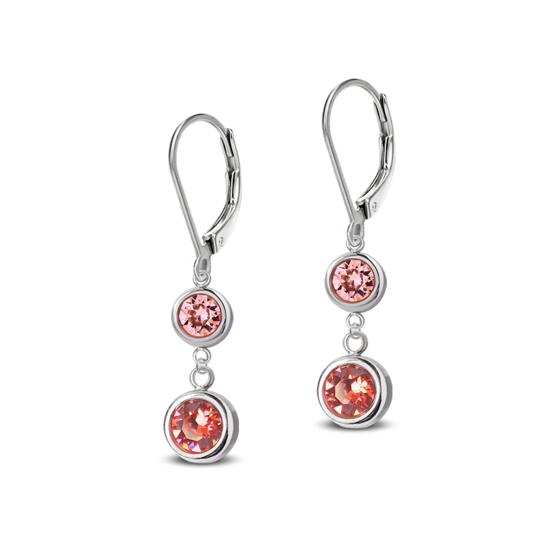 Ocelové visací náušnice Duo Chaton s krystaly Swarovski - Rose Peach/Padparadscha