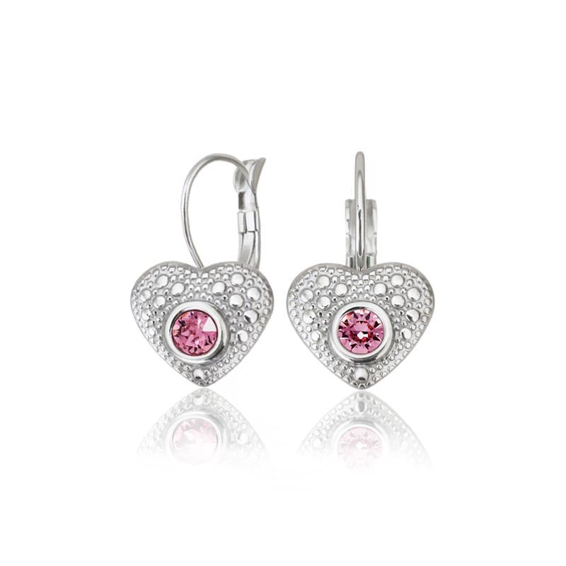 Ocelové náušnice na klapky ve tvaru srdce Antique Heart s krystaly Swarovski - Rose