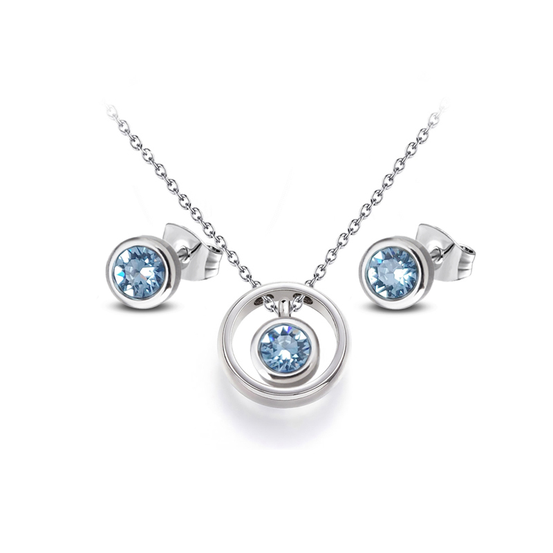 Ocelová sada Open Round Chaton - náušnice pecky a náhrdelník ve tvaru kruhu s krystaly Swarovski - Aquamarine