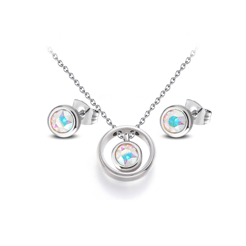 Ocelová sada Open Round Chaton - náušnice pecky a náhrdelník ve tvaru kruhu s krystaly Swarovski - Crystal AB