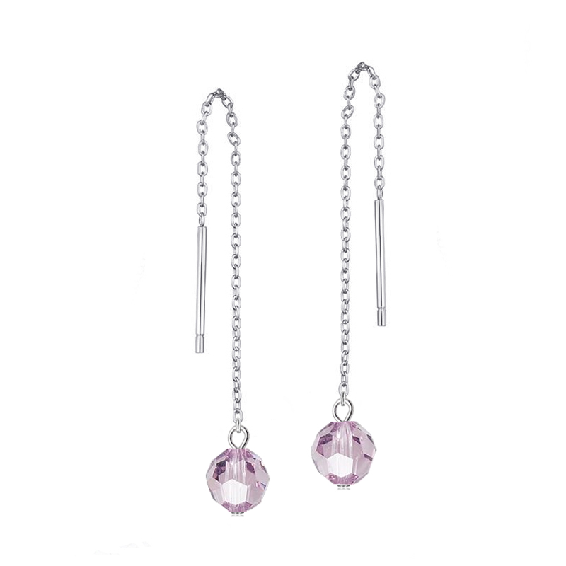 Ocelové náušnice řetízkové Faceted Bead s krystaly Swarovski - Light Amethyst