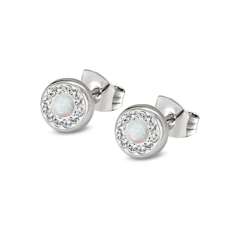 Ocelové opálové náušnice pecky Opal Pavé s krystaly Swarovski 10mm - bílé