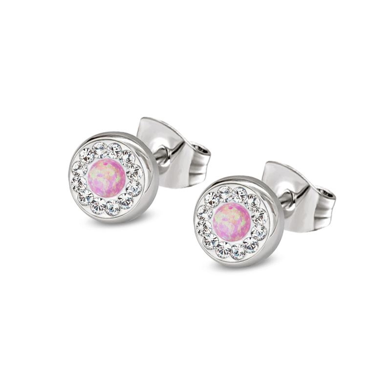 Ocelové opálové náušnice pecky Opal Pavé s krystaly Swarovski 10mm - světle růžové