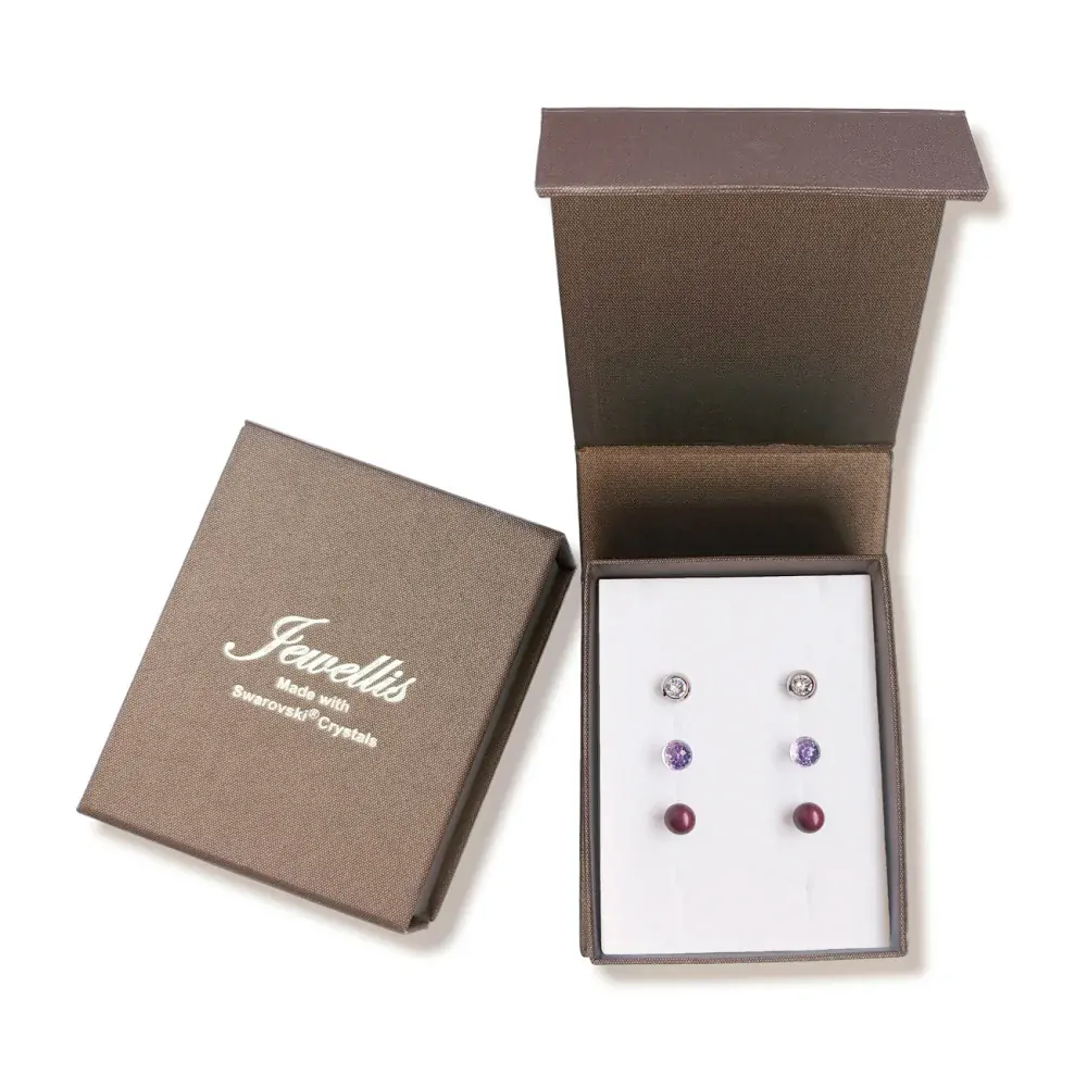 Dárková sada náušnic Violet Mix Crystals - 3 páry s krystaly a perlami Swarovski