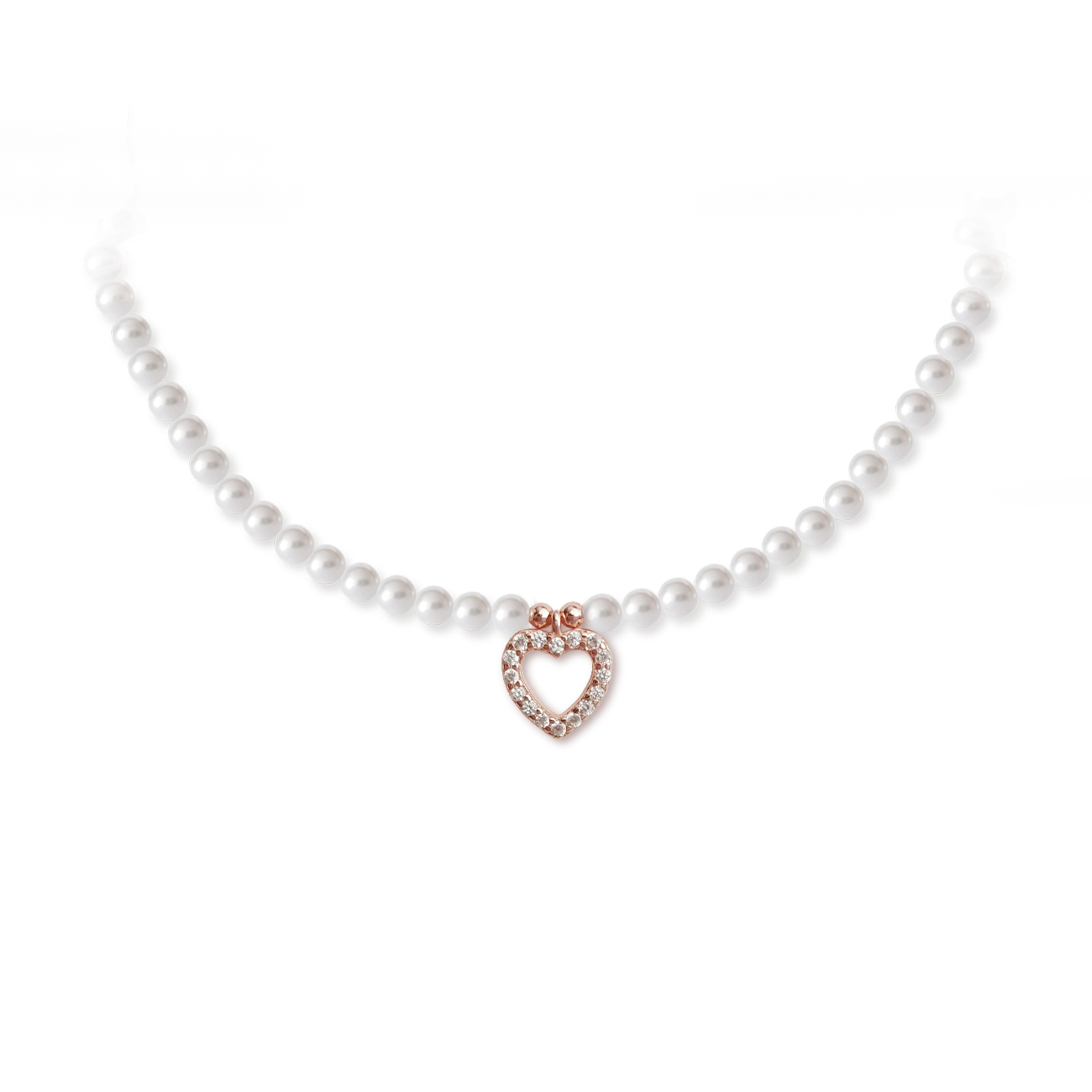 Stříbrný perlový pozlacený náhrdelník Rose Gold Heart Pearl se zirkonem a perlami Swarovski 3mm - Crystal White