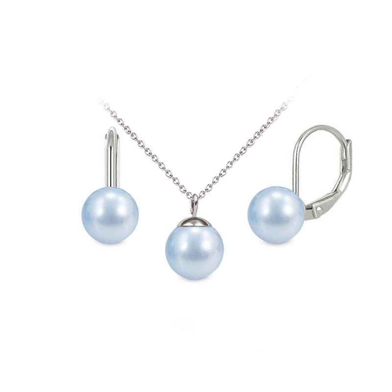 Ocelová sada Mini Pearl - náhrdelník a visací náušnice s perlami Swarovski - Light Blue