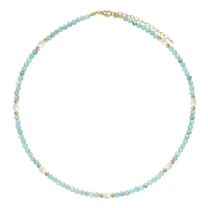 Minerální náhrdelník Larimar s perlami Swarovski® 3 mm – 14K pozlacená ocel