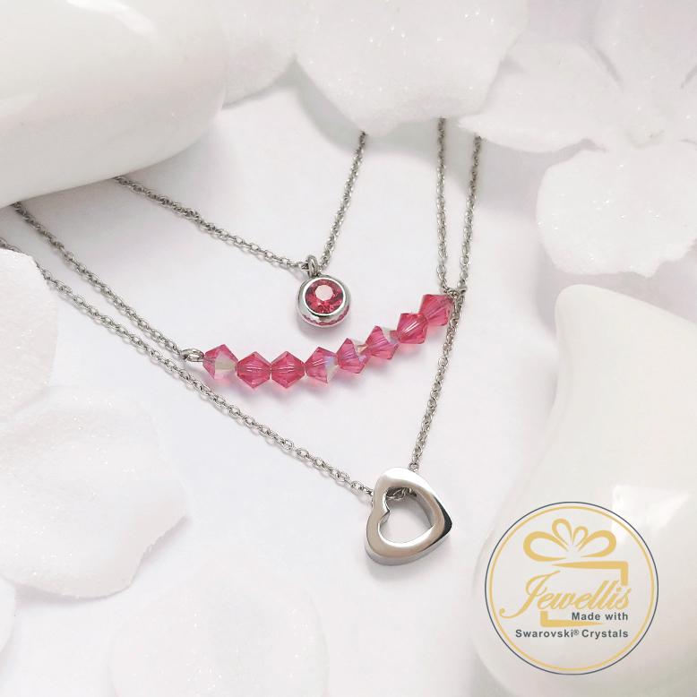 Ocelový vrstvený náhrdelník Triple s krystaly Swarovski - Indian Pink