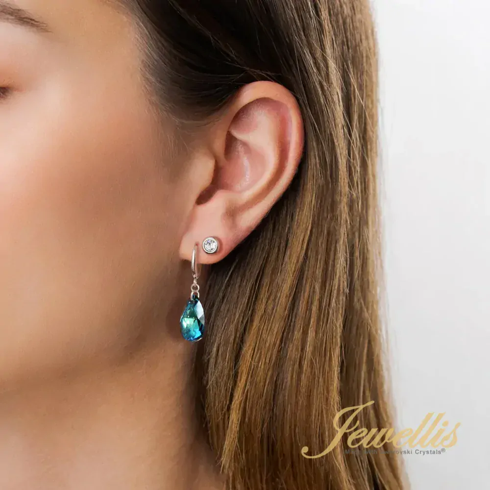 Ocelové náušnice ve tvaru kapky s krystaly Swarovski - Bermuda Blue