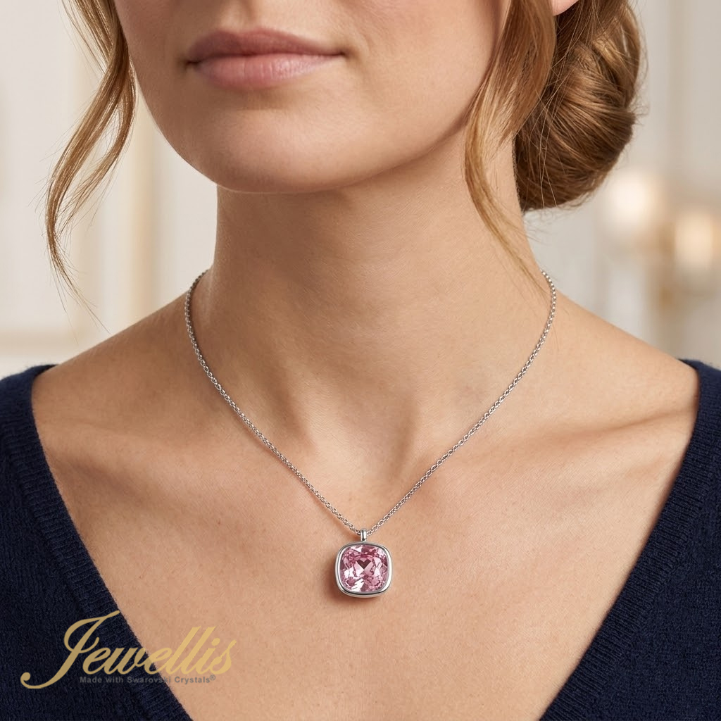 Ocelový náhrdelník Simplicity Cushion s krystalem Swarovski 12mm - Light Rose