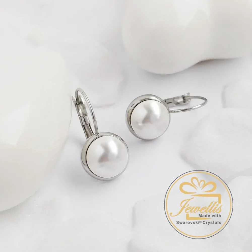 Ocelové visací náušnice s perlami Button Swarovski - Crystal White
