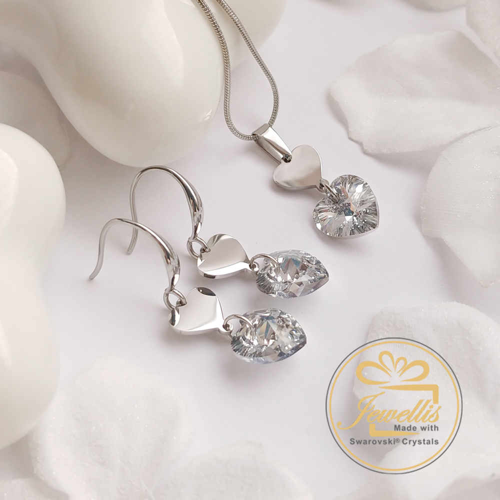 Ocelové náušnice Double Heart ve tvaru srdce s krystaly Swarovski - Crystal CAL