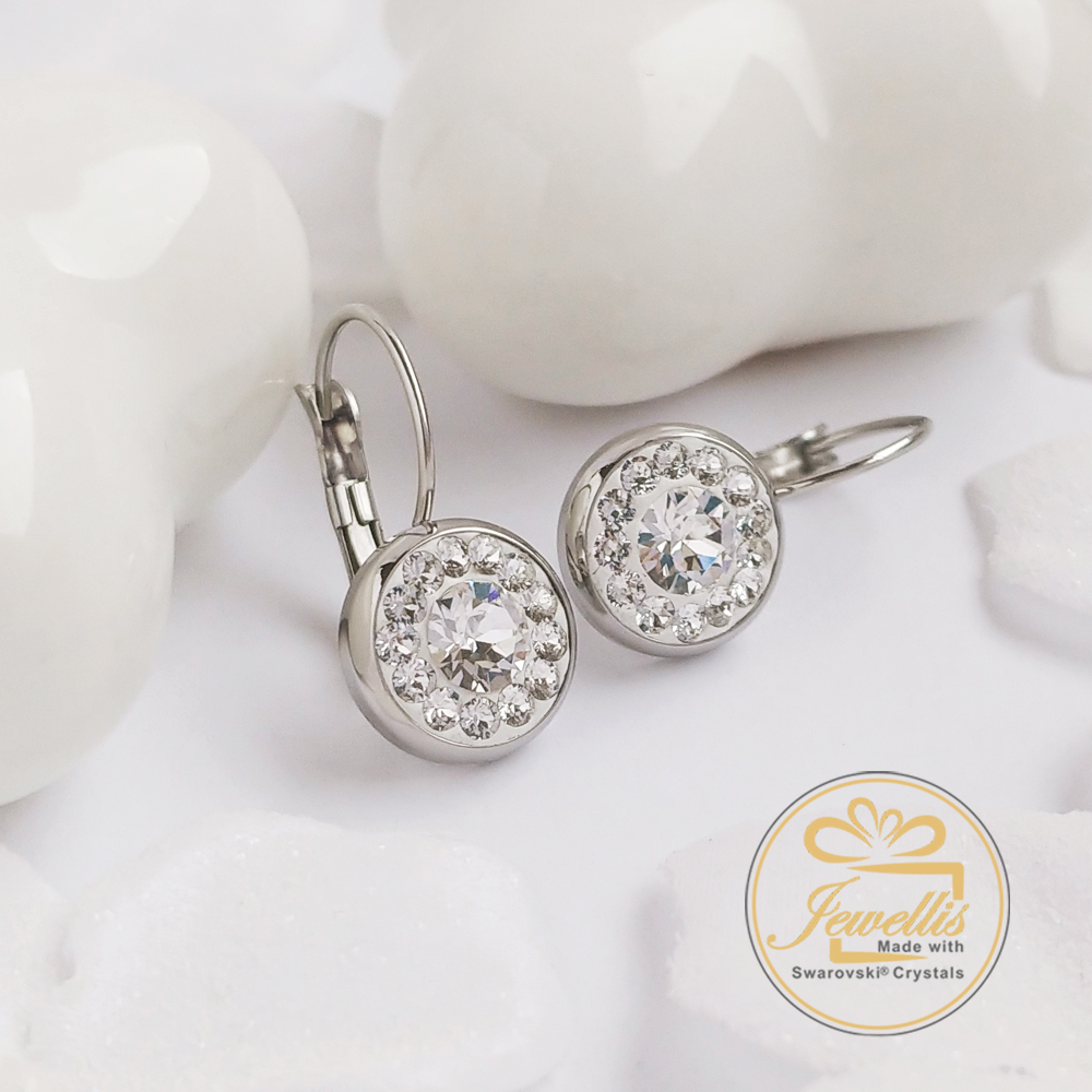 Ocelové náušnice na klapky Chaton Round Pavé s krystaly Swarovski - Crystal F