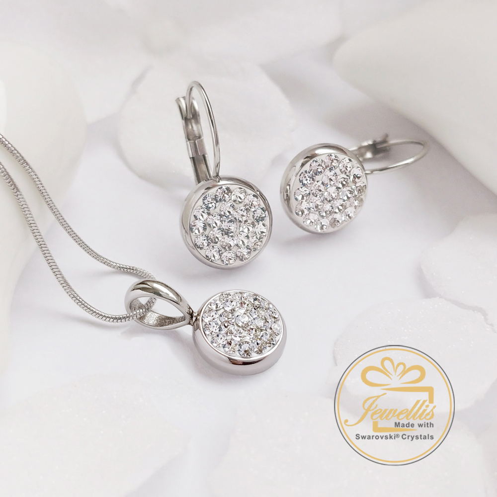 Ocelové náušnice na klapky Round Pavé s krystaly Swarovski - Crystal F