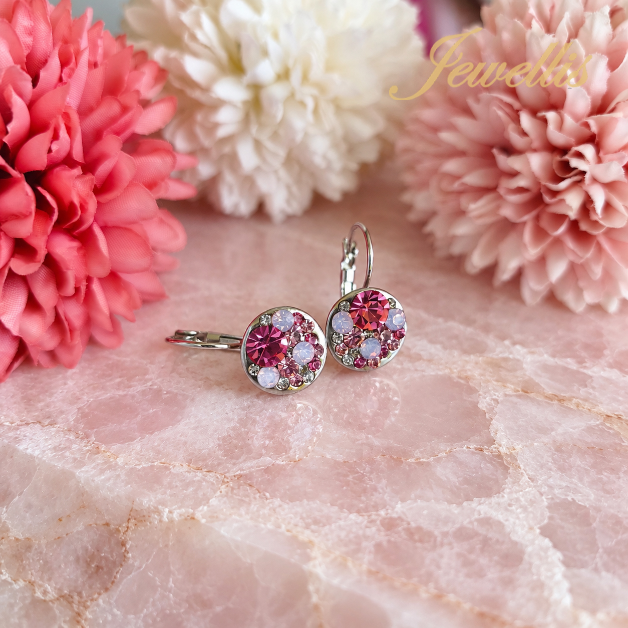 Pink Crystal Mosaic – růžové visací náušnice s krystaly