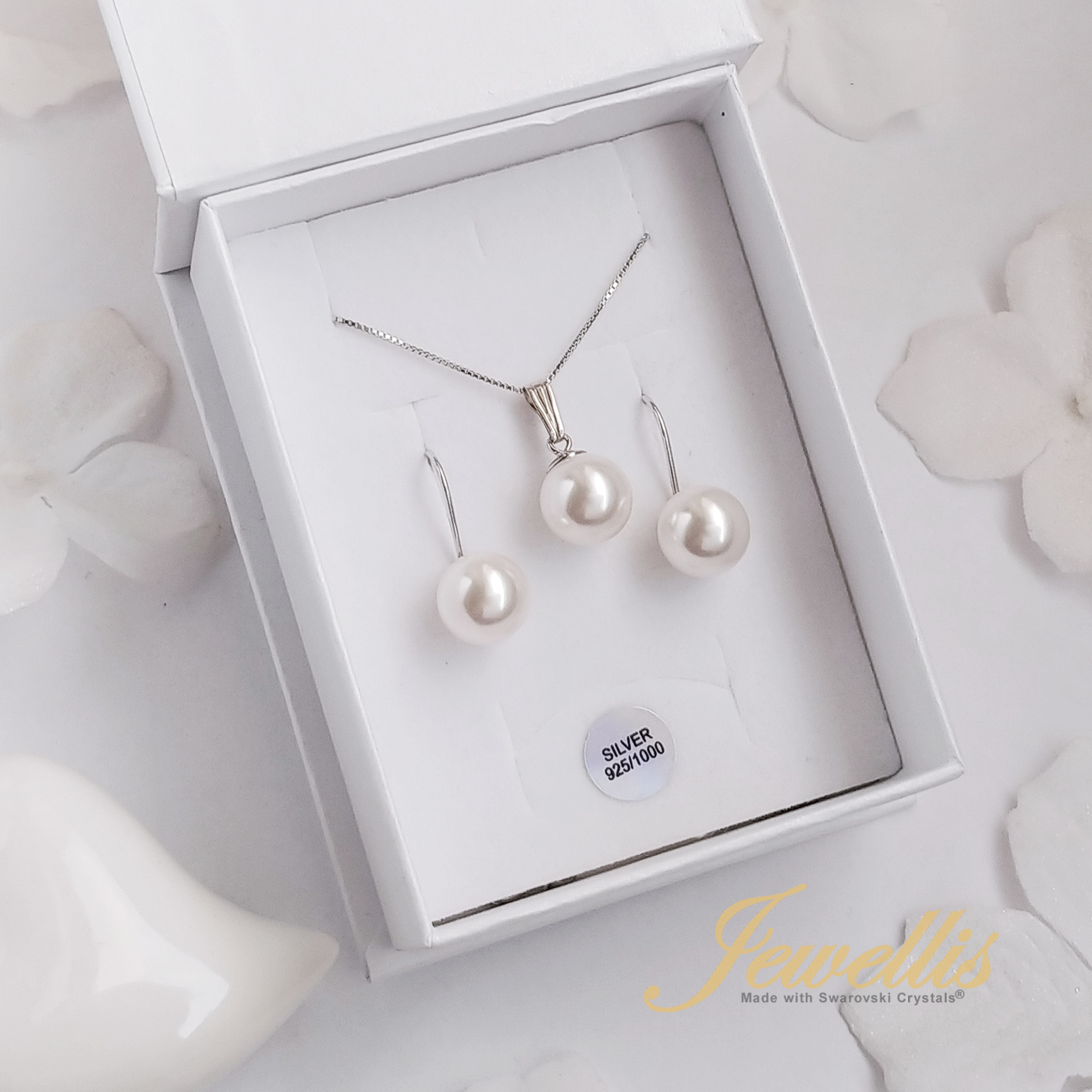 Stříbrné perlové náušnice klapky s perlami Swarovski - Crystal White