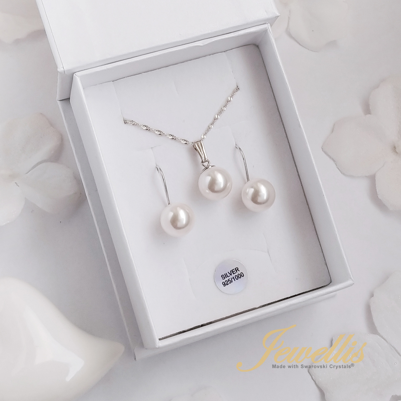 Stříbrný rhodiovaný perlový set s perlou Swarovski - Crystal White