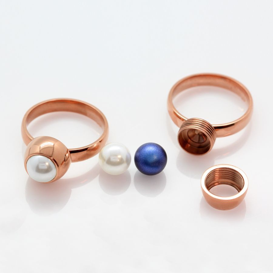 Ocelový pozlacený prsten Rose Gold Pearl Change-N-Go s perlou Swarovski 8mm - Crystal White