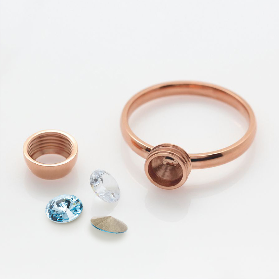 Ocelový pozlacený prsten Rose Gold Rivoli Change-N-Go s krystalem Swarovski 8mm - Crystal F