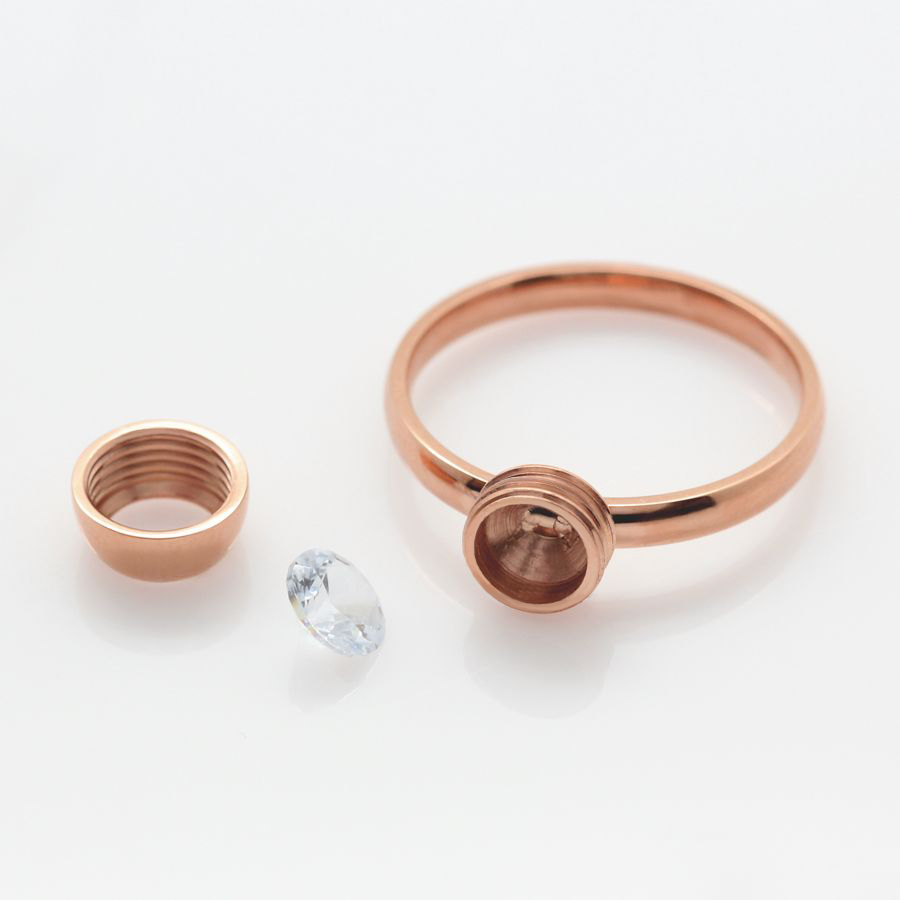 Ocelový pozlacený prsten Rose Gold Chaton Change-N-Go s krystalem Swarovski 8mm - Crystal F