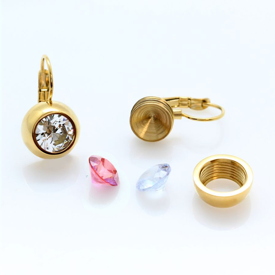 Ocelové pozlacené náušnice klapky Gold Chaton Change-N-Go s krystaly Swarovski 8mm - Crystal F