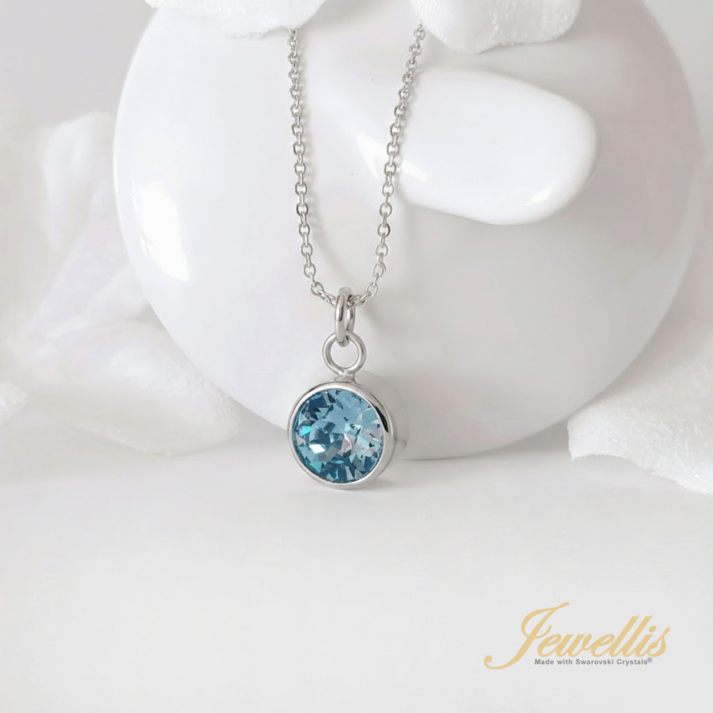 Ocelový náhrdelník Birthstone s krystalem měsíce Březen Swarovski  - Aquamarine