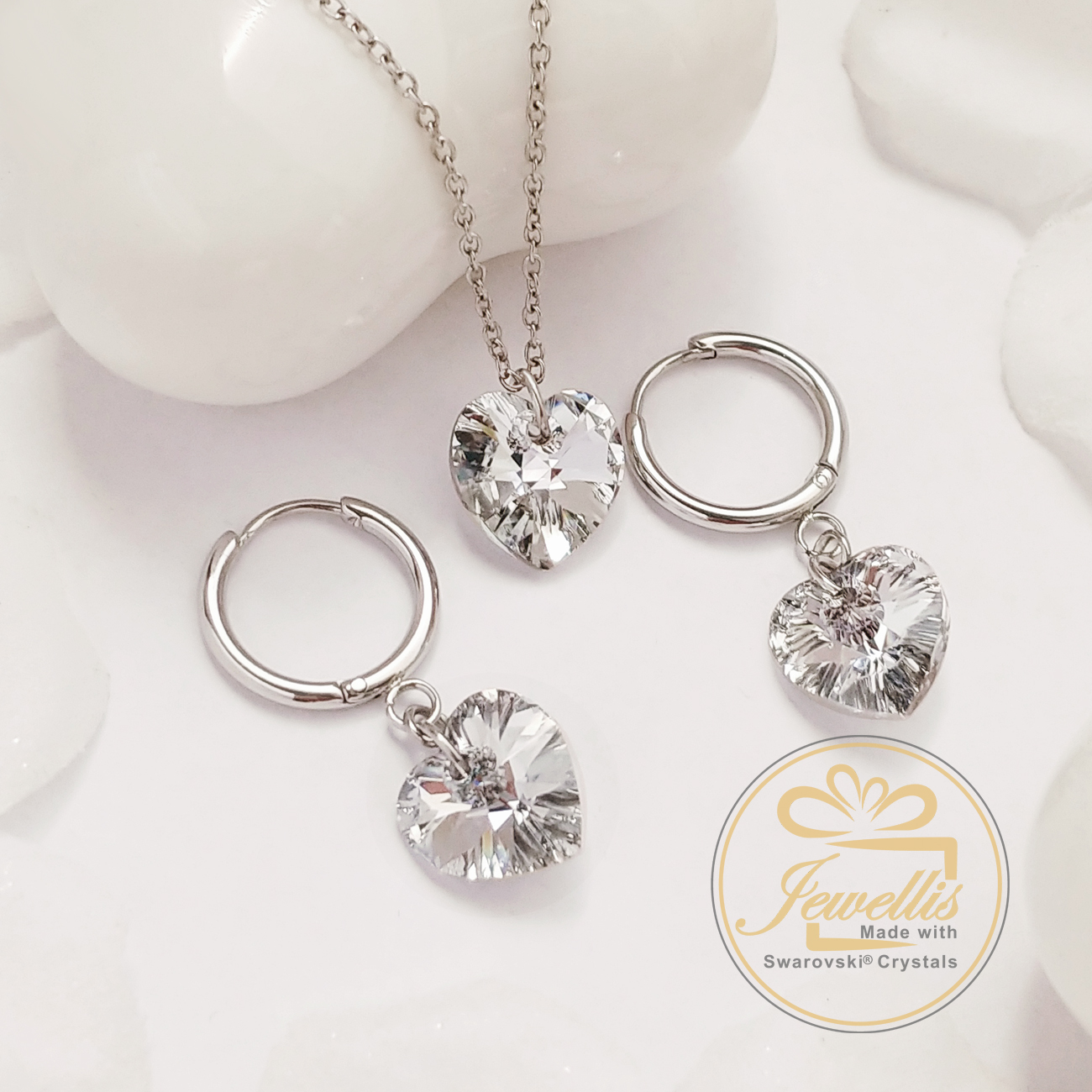Ocelová sada - náhrdelník a náušnice kruhy s krystaly ve tvaru srdce Swarovski - Crystal F