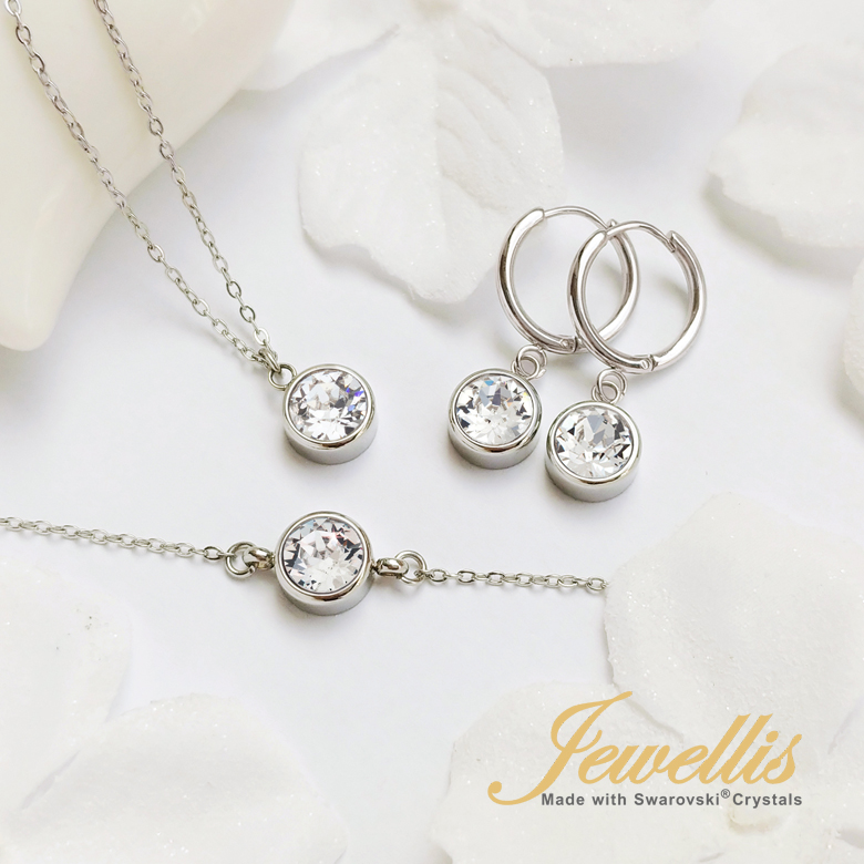 3-dílná ocelová sada Chaton Deluxe - náramek, náhrdelník a náušnice kruhy s krystaly Swarovski - Amethyst