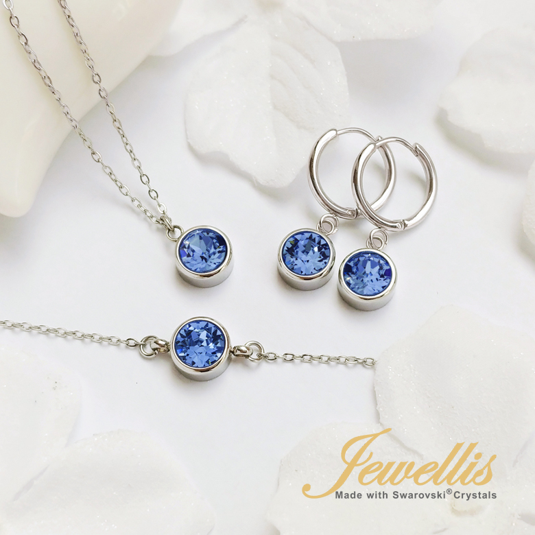 3-dílná ocelová sada Chaton Deluxe - náramek, náhrdelník a náušnice kruhy s krystaly Swarovski - Sapphire