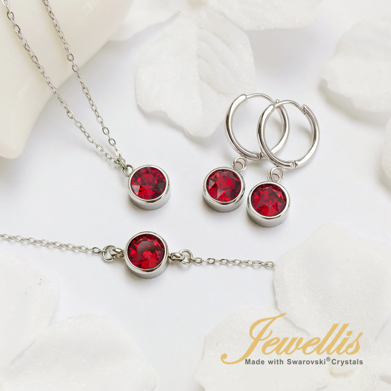3-dílná ocelová sada Chaton Deluxe - náramek, náhrdelník a náušnice kruhy s krystaly Swarovski - Scarlet