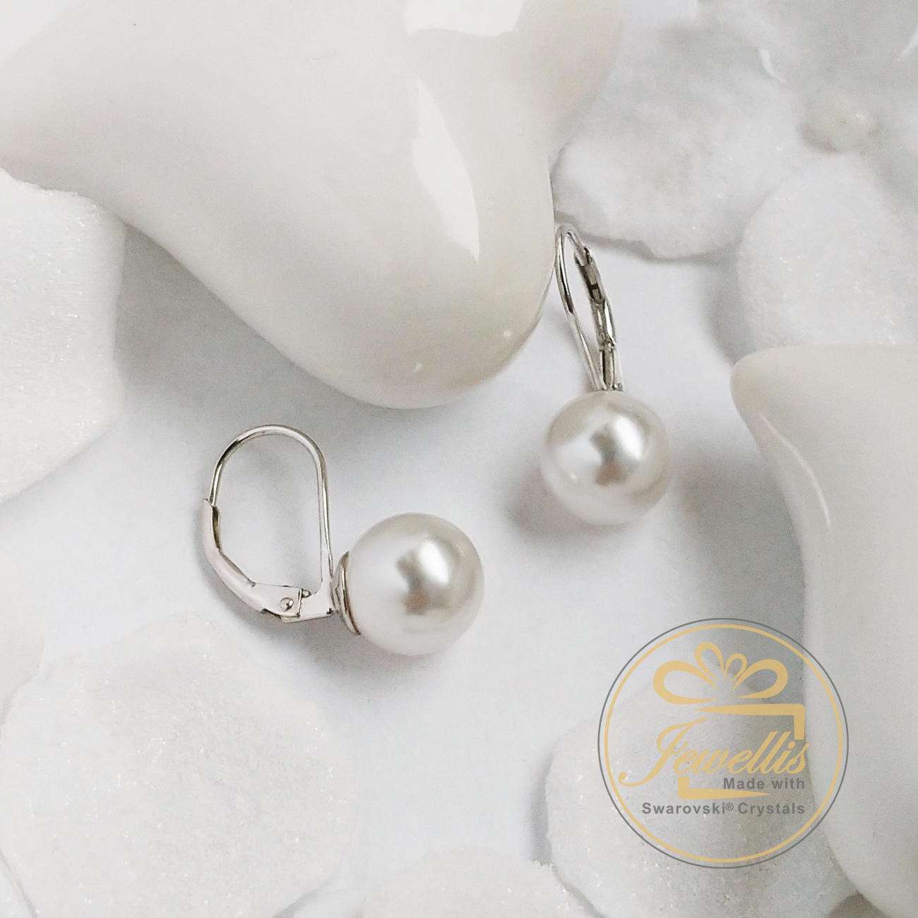 Stříbrné perlové náušnice klapky s perlami Swarovski - Crystal White