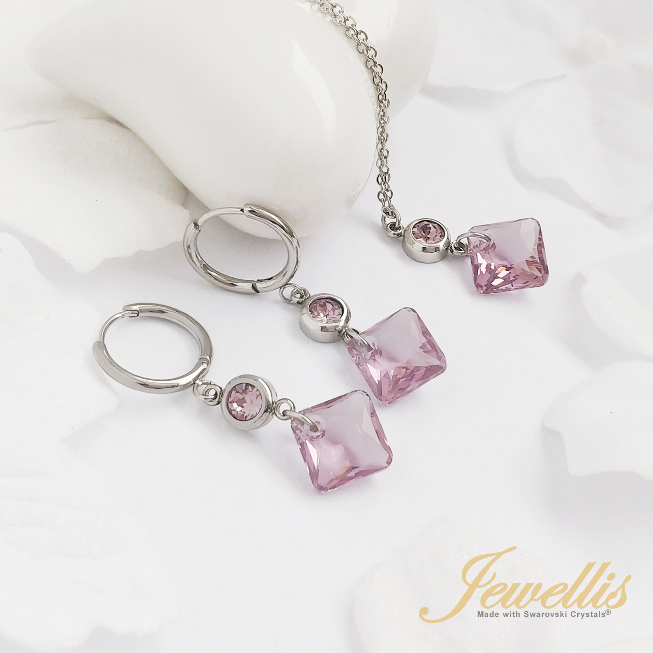 Ocelový náhrdelník Princess Cut s krystaly Swarovski - Light Amethyst