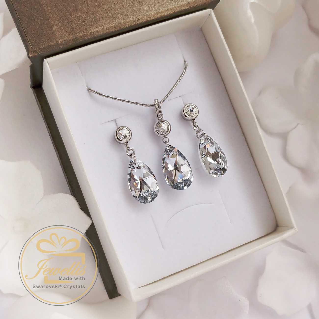 Ocelová 3-dílná sada Diamond Drop ve tvaru kapky s krystaly Swarovski - Crystal CAL V SI
