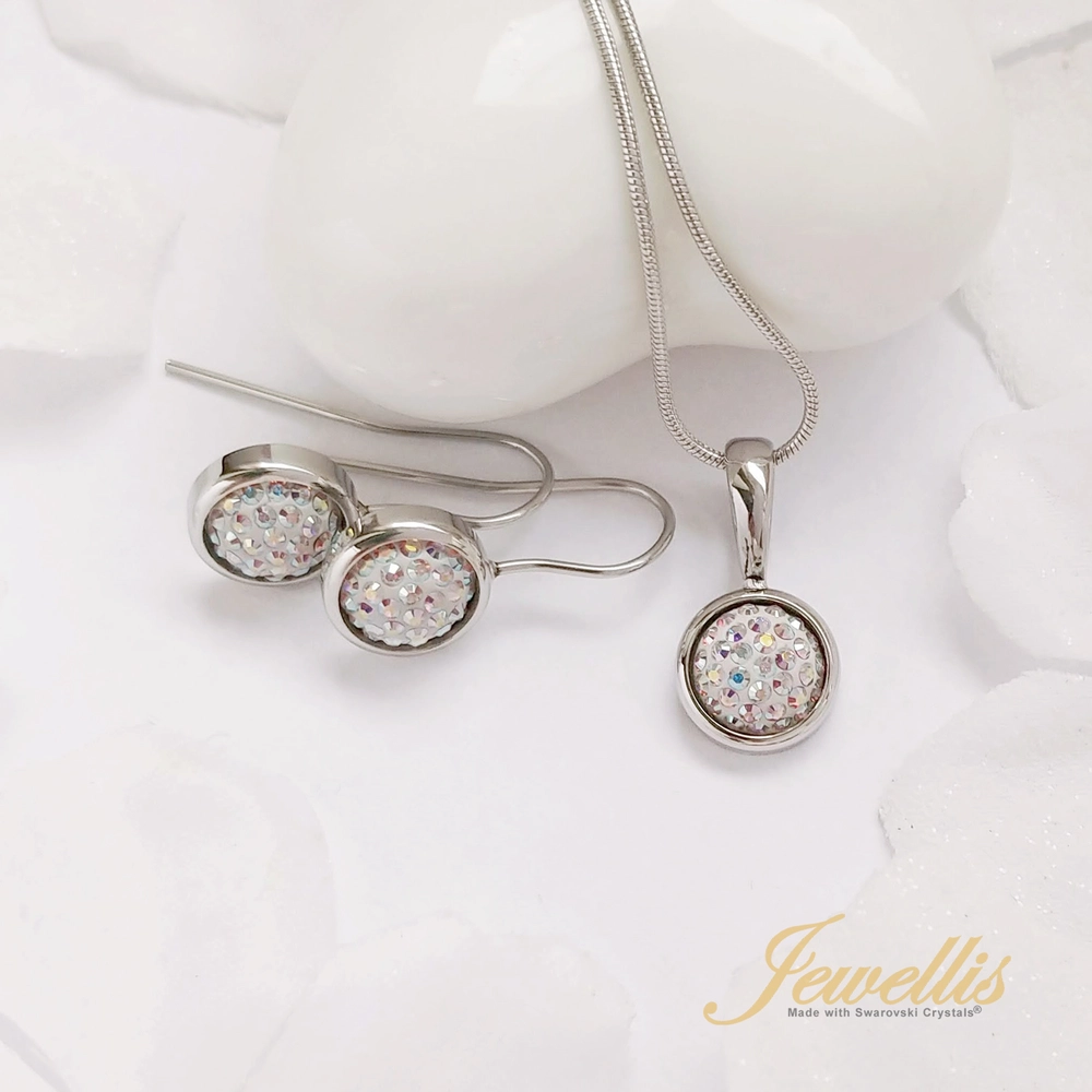 Ocelový set Pavé - visací náušnice háčky a náhrdelník s krystaly Swarovski - Crystal AB