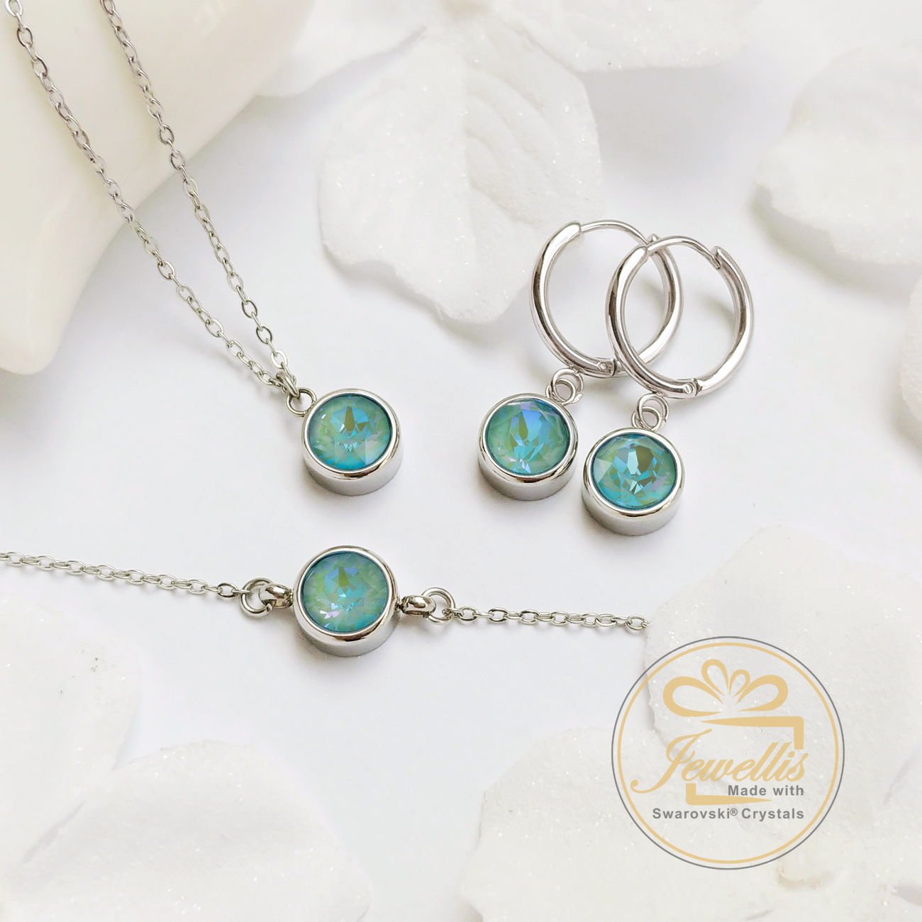 3-dílná ocelová sada Chaton Deluxe - náramek, náhrdelník a náušnice kruhy s krystaly Swarovski - Silky Sage Delite