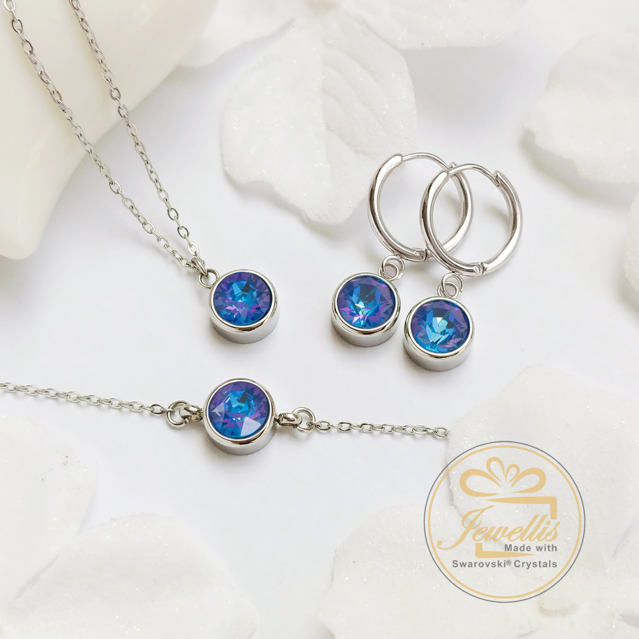 3-dílná ocelová sada Chaton Deluxe - náramek, náhrdelník a náušnice kruhy s krystaly Swarovski - Royal Blue Delite