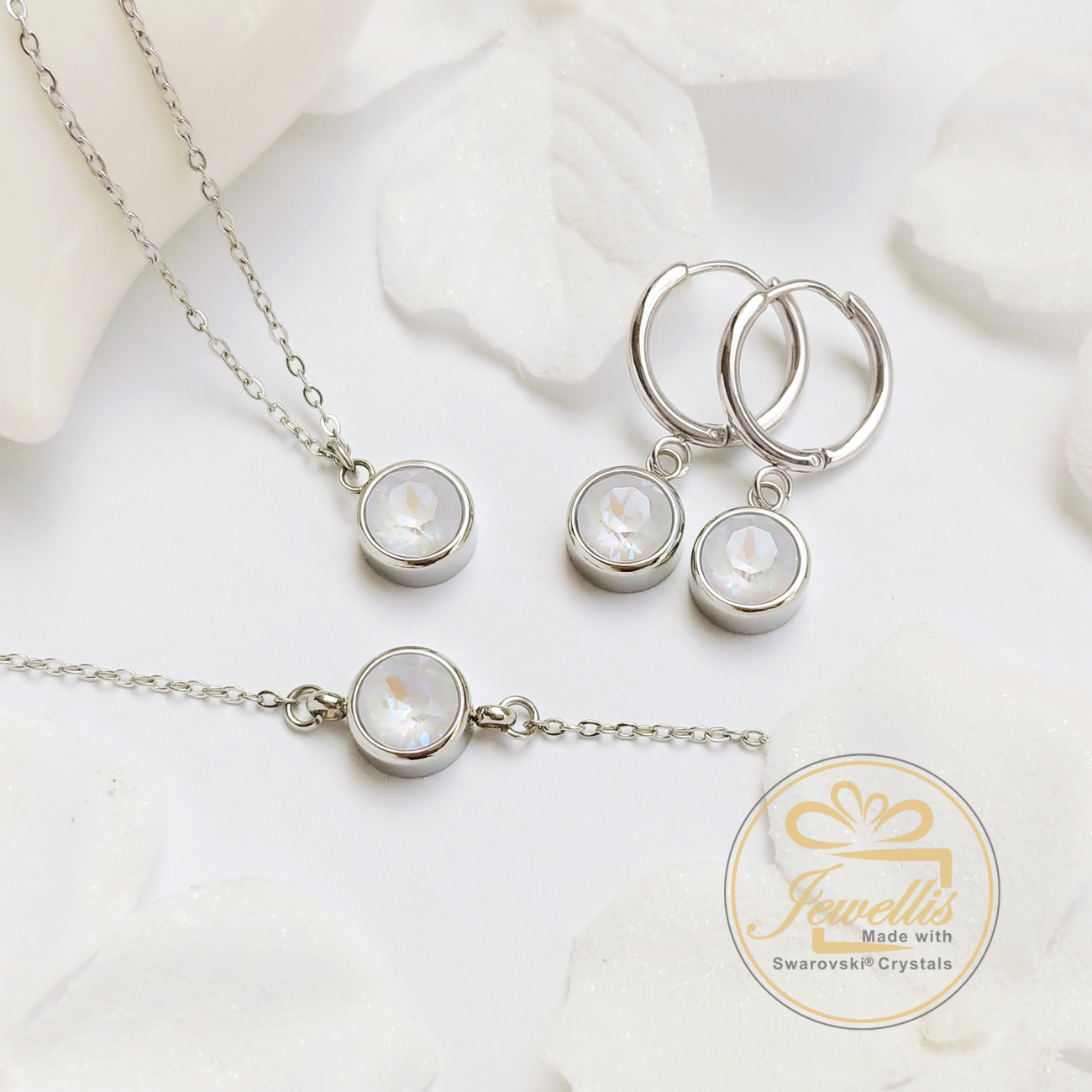 3-dílná ocelová sada Chaton Deluxe - náramek, náhrdelník a náušnice kruhy s krystaly Swarovski - Light Grey Delite