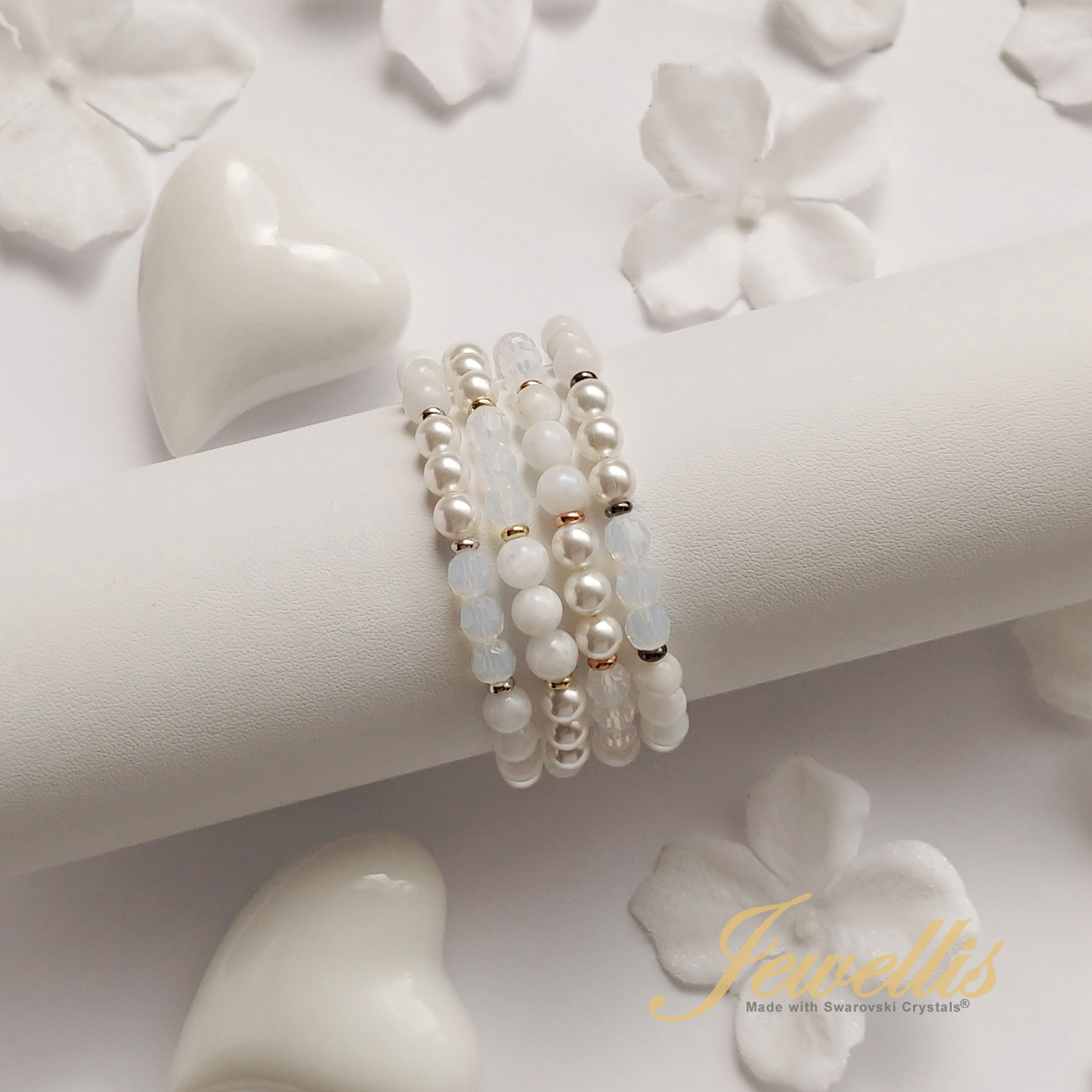 Náramek Sparkling z přírodních kamenů, perly a korálky Swarovski - měsíční kámen a White Opal