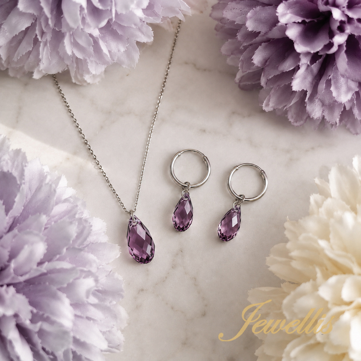 Briolette Amethyst – Set náhrdelníku a náušnic s krystaly Swarovski® z chirurgické oceli