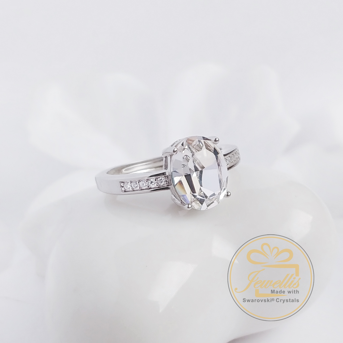 Stříbrný rhodiovaný nastavitelný prsten Xilion Oval s krystalem Swarovski - Crystal F